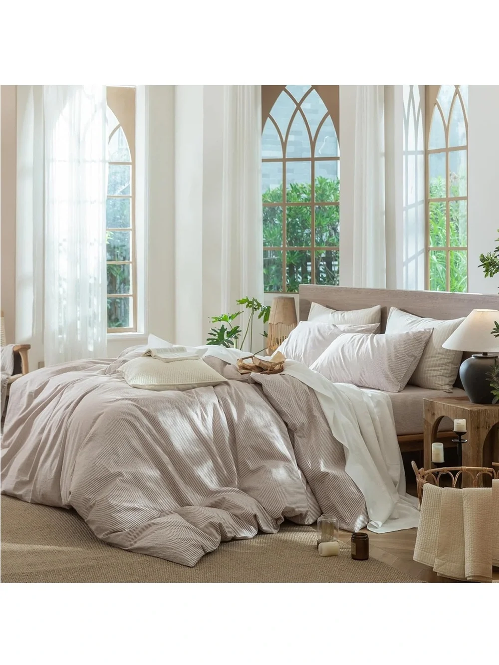 NEW MooMee Striped Duvet Cover Set 100% Washed Cotton Linen Like Oversized Queen